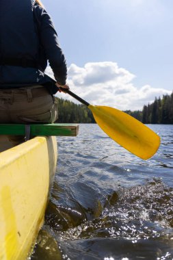 Estonya 'da sakin bir orman gölünde kano macerası. Güneş ışığı ve manzaralı. Yüksek kalite fotoğraf