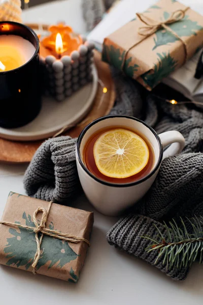 Cup Hot Tea Lemon Knitted Warm Winter Scarf Burning Candle — Stock Photo, Image