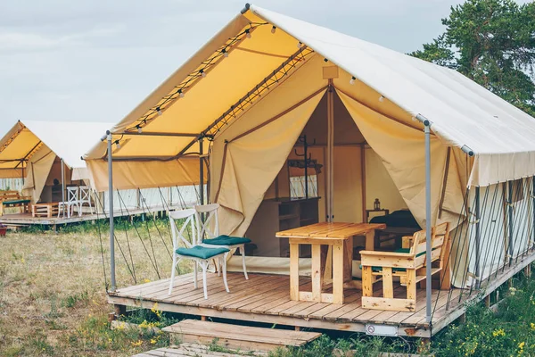 Tente Glamping Vue Sur Les Bois Camping Concept Extérieur Repos — Photo