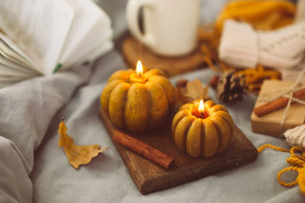 Cozy Mood Composition Book Pumpkin Candles Cup Hot Tea Autumn — Stock Photo, Image