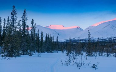 Karla kaplı dağlarla kaplı güzel bir manzara.