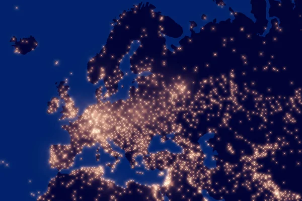 Europe night map. illustration of cities lights from space at night. Satellite view. Dark map of light pollution