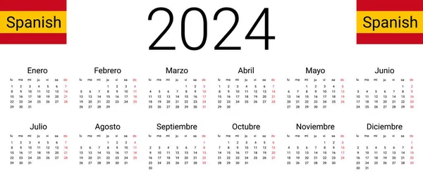 Spaanse Kalender 2024 Vector Illustratie Ontwerp Sjabloon Start Vanaf Maandag — Stockvector