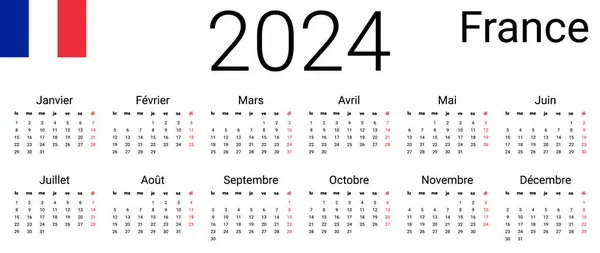 2024年フランス暦 ベクターイラストデザインテンプレートは月曜日から開始します 壁のカレンダーのための完全な月 — ストックベクタ