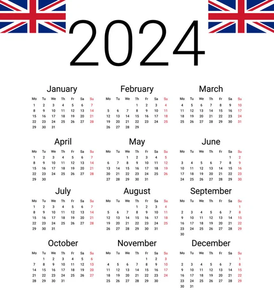イギリス2024年のカレンダー 英語ベクトルデザインテンプレートは月曜日から始まります 壁のカレンダーのための完全な月 — ストックベクタ