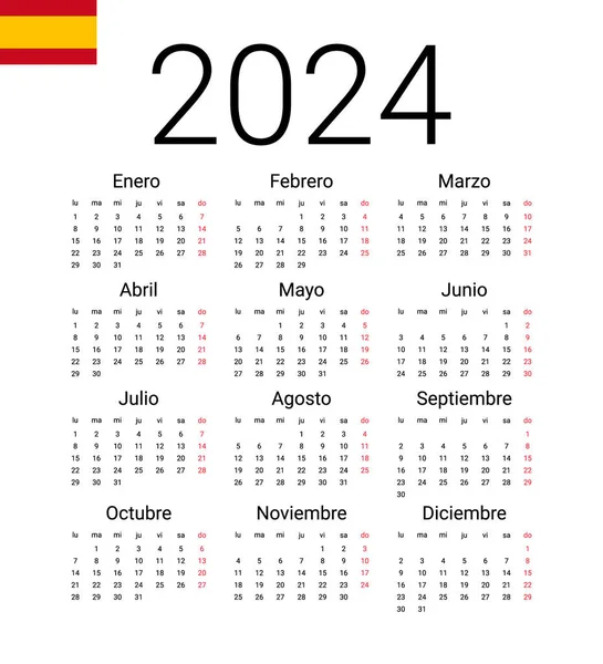 Ισπανικό Ημερολόγιο 2024 Εικονογράφηση Διάνυσμα Πρότυπο Σχεδιασμού Ξεκινήσει Από Δευτέρα — Διανυσματικό Αρχείο