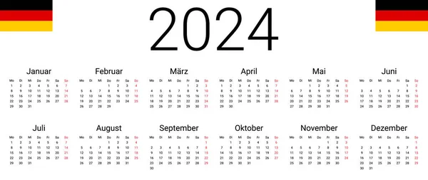 Duitsland 2024 Kalender Vector Ontwerp Template Start Vanaf Maandag Volledige — Stockvector