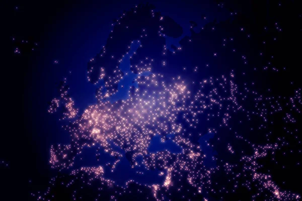 Noční Mapa Evropy Ilustrace Světel Měst Vesmíru Noci Satelitní Pohled — Stock fotografie