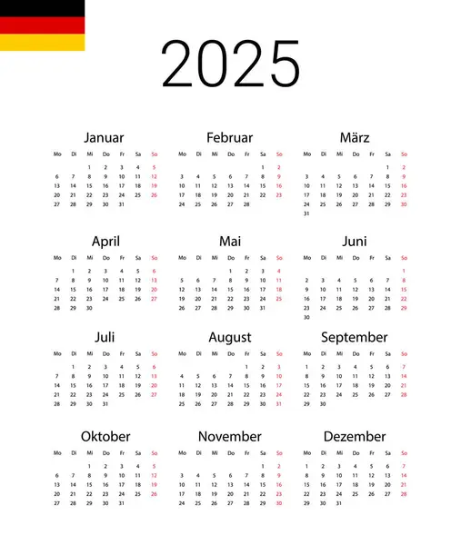 Almanya 2025 takvimi. Vektör tasarım şablonu pazartesiden itibaren başlıyor. Duvar takvimi için tam ay