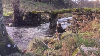 Eski taş köprüsü, bol bitki örtüsü ve kış manzarası olan bir dağda dere.