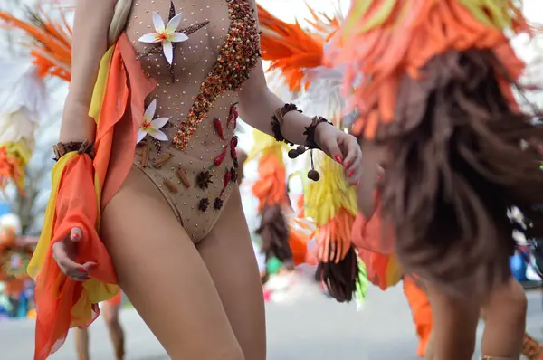 Doğa temalı kostümlerle dansçıların geçit töreni, baharın gelişi, çiçekler ve bitkiler.