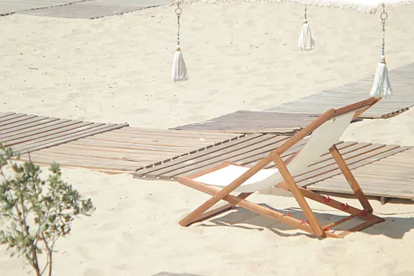 Plajda, kumsalda, kumsalda güneşlenen, tropikal dekorlu, plajda boş, üzerinde kimse olmayan bir sandalye.