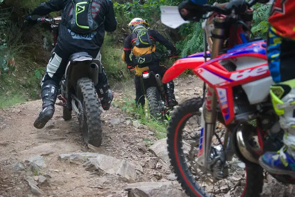 Motosiklet kullanan bir grup insan bir dağ yolunda, motokros