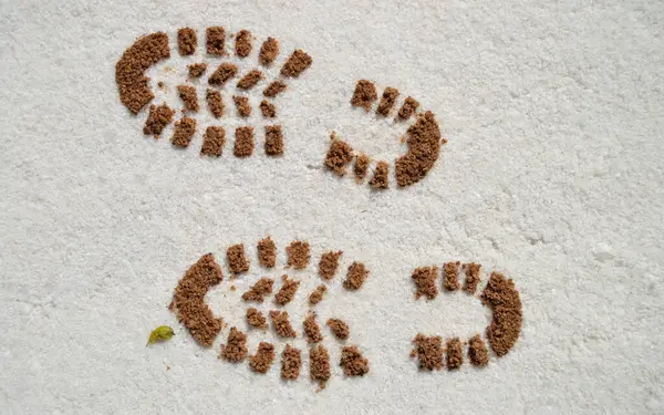 İki renkli tuz dokusu, iki bot izi ve küçük bir yaprak.