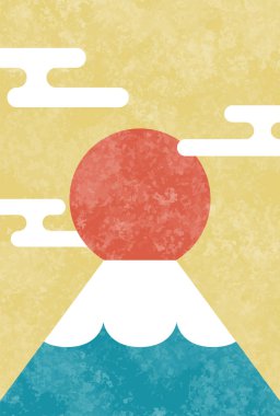 Dağın vektör illüstrasyonu. Fuji, ilk gün doğumu ve Japon tarzı bulutlar. Kartpostal boyutu, dikey.
