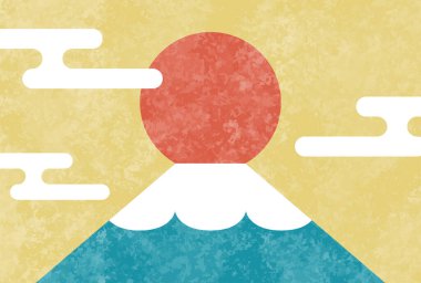 Vector illustration of Mt. Fuji, the first sunrise, and Japanese-style clouds.  Postcard size, horizontal. clipart