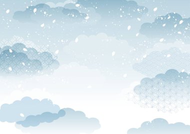 Gri mavi bulutlar ve düşen kiraz çiçekleri Japon tarzı arka planda, vektör çizimi. Yatay.