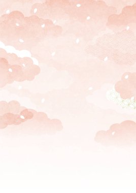 Pink clouds and falling cherry blossom petals, on a Japanese-style background, vector illustration. Vertical. clipart