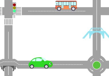Gülümseyen yeşil araba ve otobüs sahnesini gösteren bir mesaj kartı. Sağa dön..