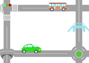Yeşil araba ve otobüs geçişini gösteren bir mesaj kartı. Solda kalın..