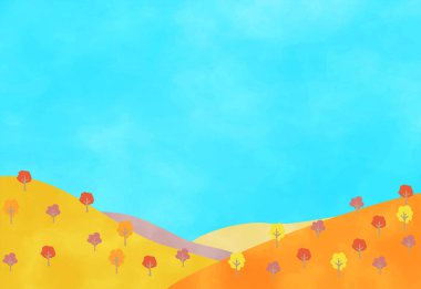 A watercolor illustration of mountains with autumn foliage and clear skies.