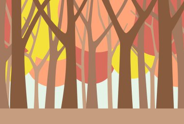 Sonbaharda, ormanın güzel sonbahar yaprakları ve ağaçlarıyla manzarası. Koyu renk vektör illüstrasyonu.