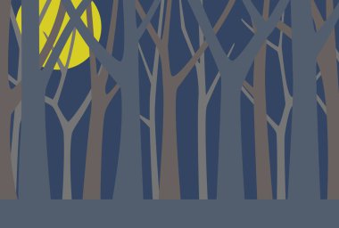 Dolunay gecesi güzel ağaçlarla dolu bir ormanın tasviri. Vektör illüstrasyonu.