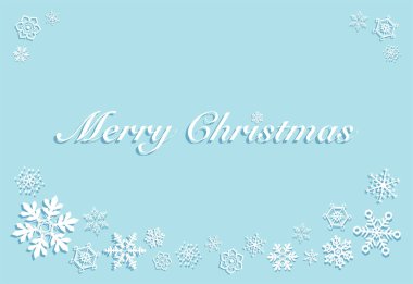 Kar taneleri ve açık mavi arka planı olan bir Noel kartı. Vektör illüstrasyonu.