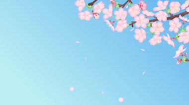 Rüzgarda sallanan kiraz çiçekleri, düşen yapraklar ve kademe mavi gökyüzü arkaplan 4K boyutunda döngü animasyon video materyali.