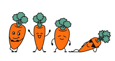 Dört sevimli ve anlamlı havuç karakterinin vektör çizimi. Yemek, çizgi film ve eğlenceli tasarımlar için mükemmel..