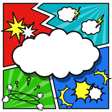 Kare çerçeveli, bulut şekilli konuşma baloncukları ve karikatür tarzı panelleri olan eğlenceli bir arkaplanın vektör çizimi. Eğlenceli, dinamik ve komik temalı tasarımlar için mükemmel..