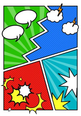 Konuşma baloncukları, bulutlar ve patlamalarla dolu renkli bir çizgi roman arka plan tasarımı. Vektör illüstrasyonu.