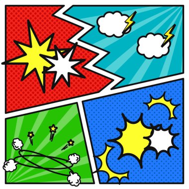 Pop ve eğlenceli efektlere ve manga tarzı çerçeve planına sahip çizimler. Vektör illüstrasyonu.