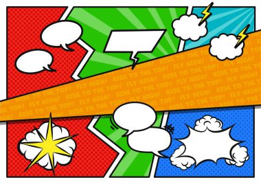 Şirin bir konuşma balonunun ve neşeli bir Amerikan mizah tarzı arka plan tasarımının çizimi. Vektör illüstrasyonu.