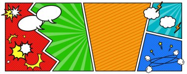 Pankart ve başlık tasarımı, konuşma baloncukları, bulutlar, patlamalar, duman ve Amerikan çizgi roman tarzı arka plan resimleriyle. Vektör illüstrasyonu.