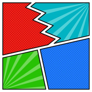 Pop ve renkli çizgi roman tarzı panel tasarımının kare şeklinde vektör çizimi. Canlı, dinamik ve göz alıcı komedi temalı tasarımlar için mükemmel..