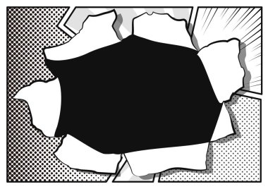 Manga kağıdının yırtık bir sayfasını andıran bir arkaplan tasarımının vektör çizimi. Komedi, manga ve dinamik tasarım temaları için mükemmel.