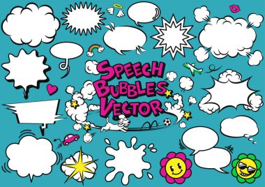 Bir dizi komik konuşma baloncuğu ve illüstrasyonunun vektör çizimi. Dinamik, eğlenceli ve göz alıcı komik tasarımlar için mükemmel..