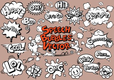 Bir dizi komik komik konuşma baloncuğunun temsili. İçinde siyah-beyaz yazı ve çizimler var. Dinamik, eğlenceli ve komik temalı tasarımlar için mükemmel..