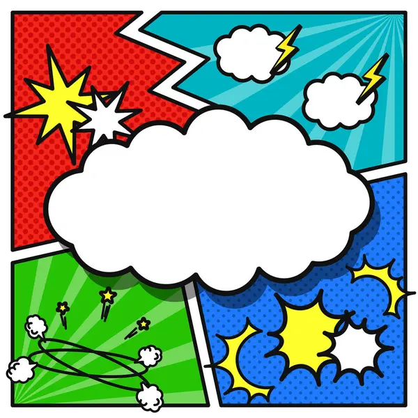 Kare çerçeveli, bulut şekilli konuşma baloncukları ve karikatür tarzı panelleri olan eğlenceli bir arkaplanın vektör çizimi. Eğlenceli, dinamik ve komik temalı tasarımlar için mükemmel..