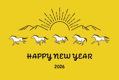 At Yılbaşı Kartı 'nın 2026 yılında art arda koşan bir atın, dağların ve yılın ilk gün doğumunun çizimleri vardı..
