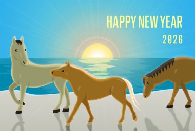 At Yılı 2026 için yatay yeni yıl kartı. Kumlu bir plajda yürüyen üç atın tasviri. Yılın ilk gün doğumunu ve arka ışıklandırmasını içeren tasarım.