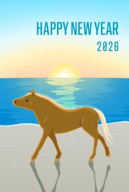 At 2026 yılı için dikey yeni yıl kartı. Deniz kenarında kumlu bir sahilde yürüyen bir atın tasviri, arka ışıklandırmalı tasarımı ve yılın ilk gündoğumu..