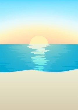 Kumsal manzarasının vektör çizimi, mavi denizin üzerindeki gün doğumu, ve denize yansıyan güneş. A4 dikey.