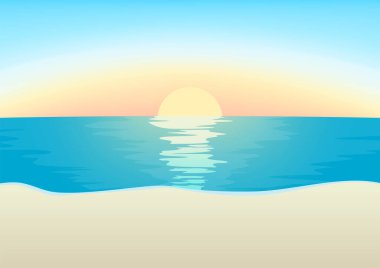 Kumsal manzarasının vektör çizimi, mavi denizin üzerindeki gün doğumu, ve denize yansıyan güneş. A4 manzara.