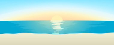 Kumsal manzarasının vektör çizimi, mavi denizin üzerindeki gün doğumu, ve denize yansıyan güneş. Pankart ya da başlık tasarımı.