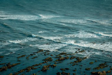 Yumuşak dalgalar, Portekiz 'deki Figür da Foz sahilindeki yosunlu kayalıklara çarpıp durgun bir deniz manzarası oluşturan beyaz tepeler oluşturuyor.