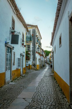 Geleneksel beyaz ve sarı balkonlu evler Portekiz 'in tarihi Obidos şehrinde dar bir kaldırım taşı caddesi oluşturarak pitoresk bir manzara yaratıyor.