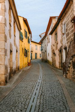Ucanha, Tarouca, Viseu ilçesi, Portekiz 'deki renkli, saksı bitkileriyle süslü evler ve kiremitli çatılar arasında sarp yokuş yukarı büyüleyici kaldırımlar.