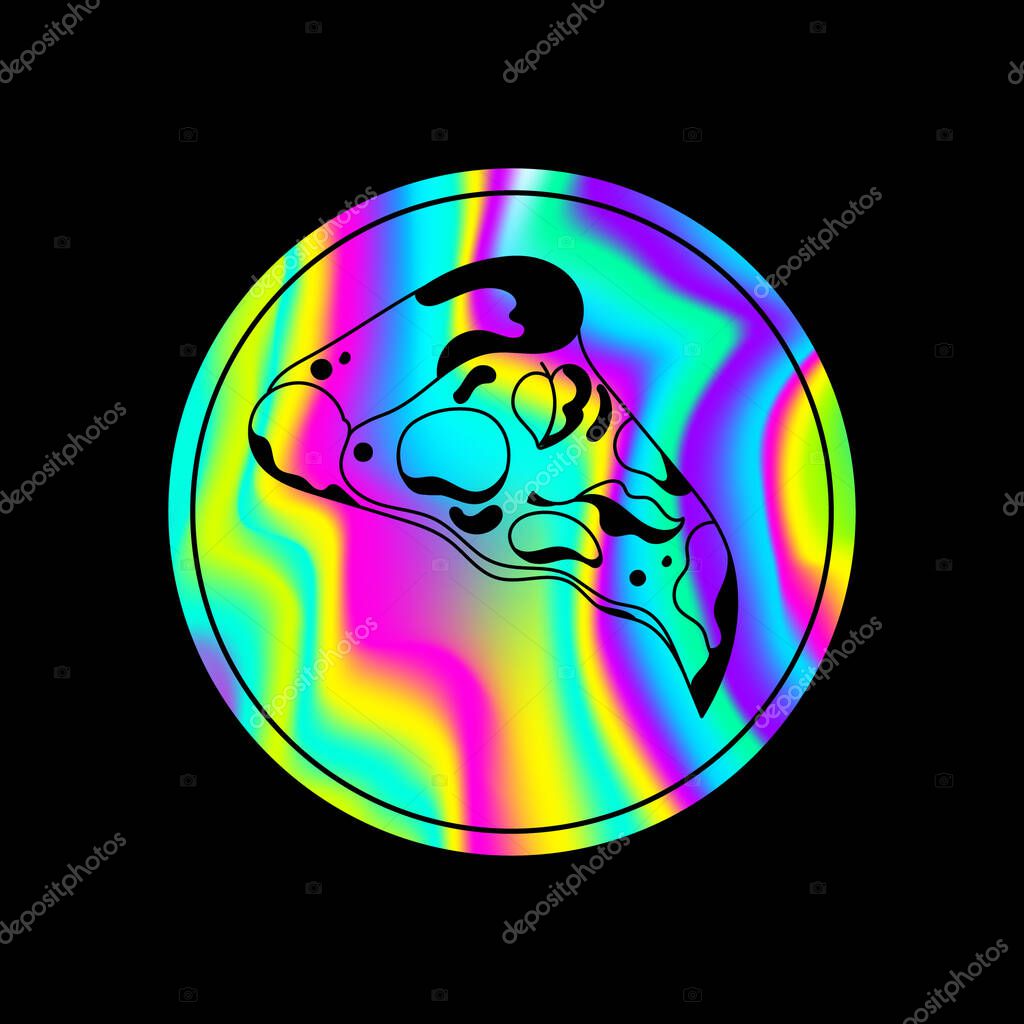 Holographic sticker with  a slice of pizza in  trendy retro y2k style. Vector Graphic with textured foil effect.